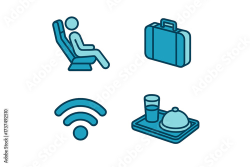 Essential symbols representing air travel and in-flight passenger services
