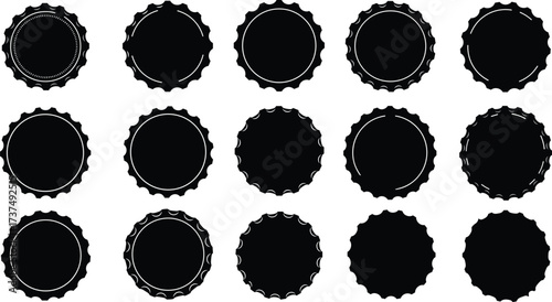 Black bottle cap silhouettes collection, isolated vector set, soda or beer caps, top view, vintage style, retro drink design Art & Illustration Black bottle cap silhouettes collection
