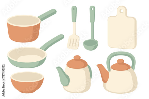 Colorful kitchen utensils displayed on a white background for cooking and food preparation tasks