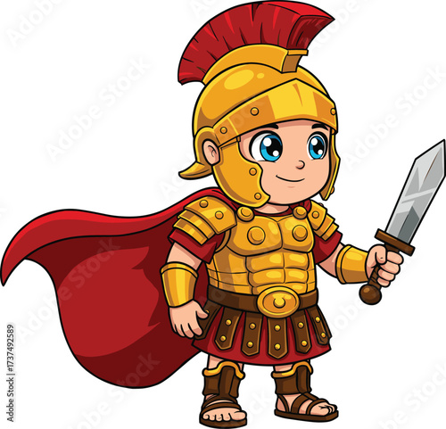 Cartoon Roman soldier illustration, young gladiator character, golden armor costume, red cape, short sword, friendly warrior design, ancient history theme, playful children artwork