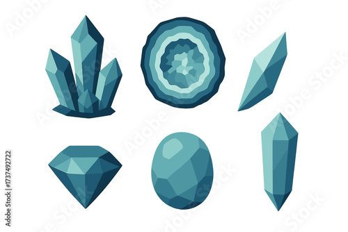 Various blue geometric crystals displayed together in creative arrangement