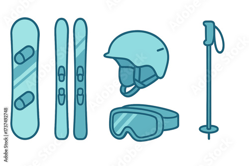 Essential ski gear including snowboards, a helmet, goggles, and poles ready for winter sports at the mountain resort