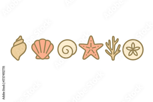 Stylized marine life collection with seashells, starfish, coral, and sand dollar