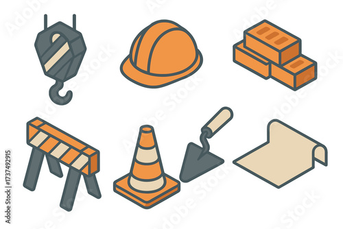 Construction tools and safety equipment displayed for building site preparation in an urban area