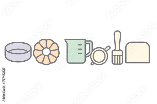 Kitchen tools and equipment for baking and dessert preparation on a simple background