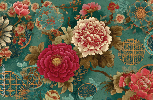 Vintage floral pattern with peonies blossoms on an emerald background for decorative wallpapers and textiles exquisite design