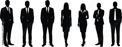 Art & IllustrationBusiness professionals standing in a row, silhouette of corporate team, formal attire, teamwork concept, isolated on white background.