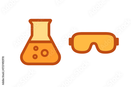 Colorful laboratory equipment with safety goggles on a plain background during science exploration