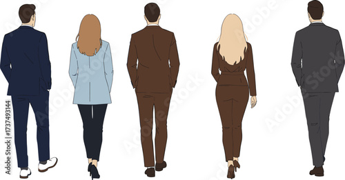 Art & IllustrationBusiness professionals walking away, corporate team, teamwork, rear view, office attire, leadership, diversity in business, modern workplace, collaboration concept