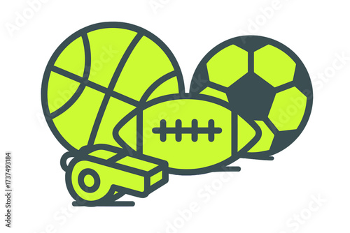 Assortment of sports equipment featuring a basketball, football, soccer ball, and whistle