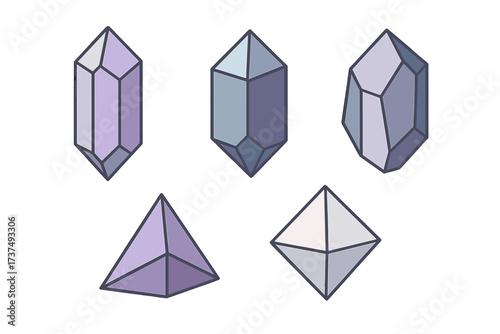 Set of diverse geometric crystal shapes and mineral forms in a modern flat style