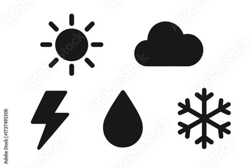 Weather and climate forecast symbols: sun, cloud, lightning, rain, snowflake