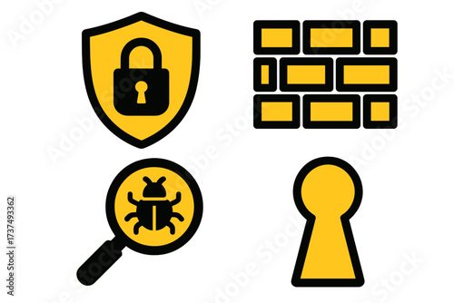Cybersecurity and data protection concepts: firewall, padlock, bug, keyhole