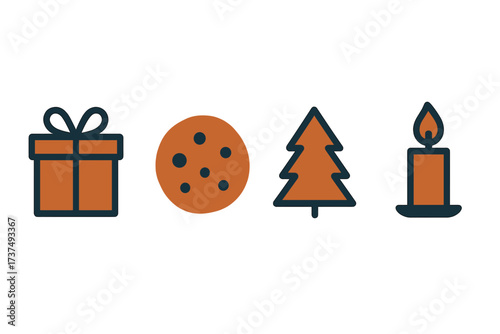 Decorative holiday symbols including a gift, cookie, tree, and candle for festive celebrations and gatherings