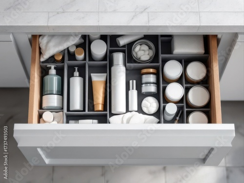 Organized bathroom drawer with cosmetics and skincare in a felt divider.