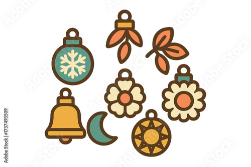 Stylized holiday and seasonal ornaments with charming retro design and decorative elements