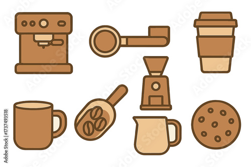 Collection of coffee preparation tools and breakfast elements in flat design style