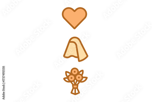 Heart symbol, folded cloth, and flower bouquet representing celebration and care