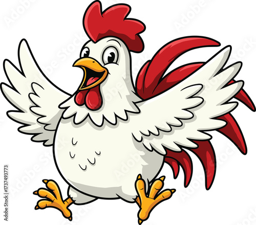 Cartoon chicken character, funny rooster mascot, farm animal illustration, happy hen clipart, poultry drawing, animated bird design, white background Art & Illustration