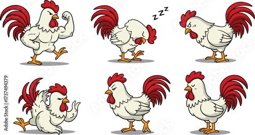 Cartoon rooster character set, funny chicken mascot, farm animal illustration, various poses, flexing, sleeping, walking, angry, cute expression Art & Illustration