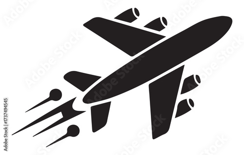 Black and white illustration of an airplane ascending from a runway