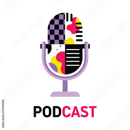 Vector art of colorful podcast logo featuring a microphone with vibrant patterns and the word podcast in bold letters below it