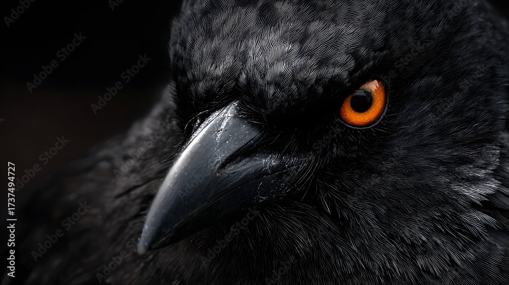 Fototapeta premium Intense showcases the piercing stare of a black bird, revealing detailed textures of feathers and beak against a shadowy background, emphasized by a striking orange eye, conveying a sense of mystery.