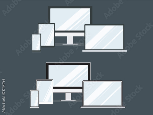 Modern digital IT hardware set featuring smartphone, laptop, PC display, and tablet with reflective blue LCD screens, isolated on clean gray background, ideal for tech concepts and UI design, EPS10