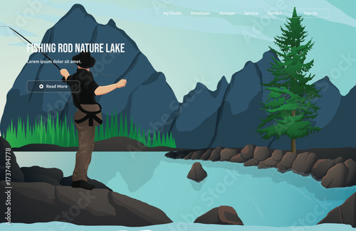 Fishing Rod Nature Lake vector illustration with abstract nature elements, including lifestyle, character, and background. Ideal for sport, hobby, and landscape content.