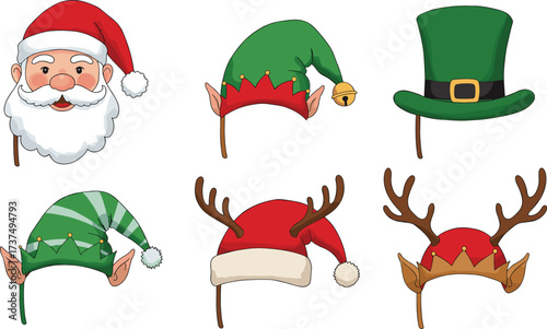 Christmas photo booth props, festive Santa, elf, reindeer, holiday hats, cute cartoon accessories, fun decorations for Christmas party photos Christmas photo booth props