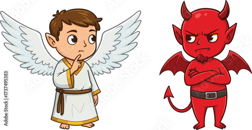 Cute cartoon angel and devil characters, good vs evil concept, moral dilemma illustration, innocence and temptation, heavenly vs hellish debate