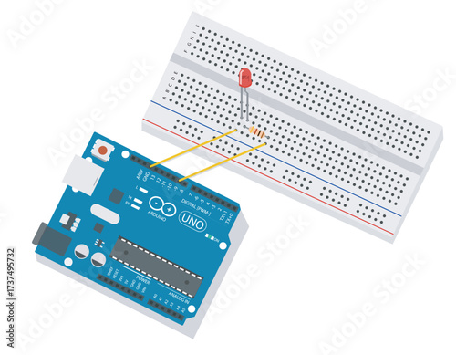 Technical hardware board prototype of a smart IoT lamp with blue jumper wires connected to power, red indicator light on motherboard, panel links, isolated on clean white background, EPS10 vector