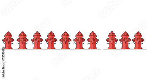 Row of Red Fire Hydrants with Thin Line Design.
