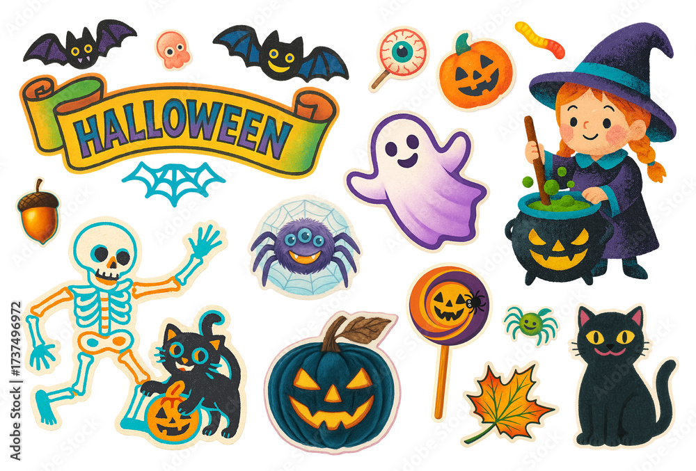 Fototapeta premium Halloween Clip Art Cute Cartoon Set with Witch, Pumpkin, Cat, Ghost, Bat and Candy Isolated on White with Clipping Path