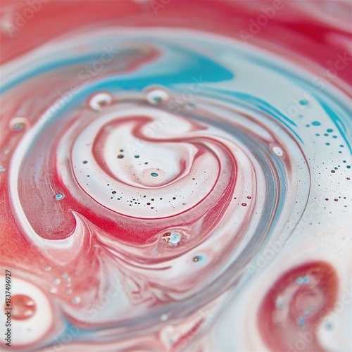 Abstract fluid art with swirling red, white and blue paint creating circular marble pattern. Colorful liquid acrylic paint mixing in spiral formation with unique texture and droplet details.