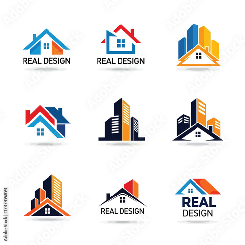 Vector art of collection of real estate logo designs featuring houses and buildings, , ideal for branding real estate agencies and construction companies