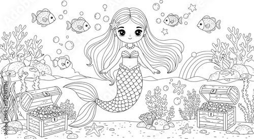 Cute mermaid coloring page for kids, underwater scene with fish, treasure chests, ocean animals
