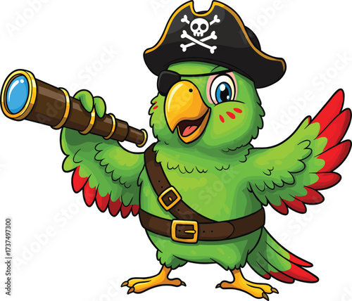 Cute pirate parrot cartoon, green bird with telescope, pirate hat, eyepatch, funny animal character, kids illustration, adventure themete parrot cartoon