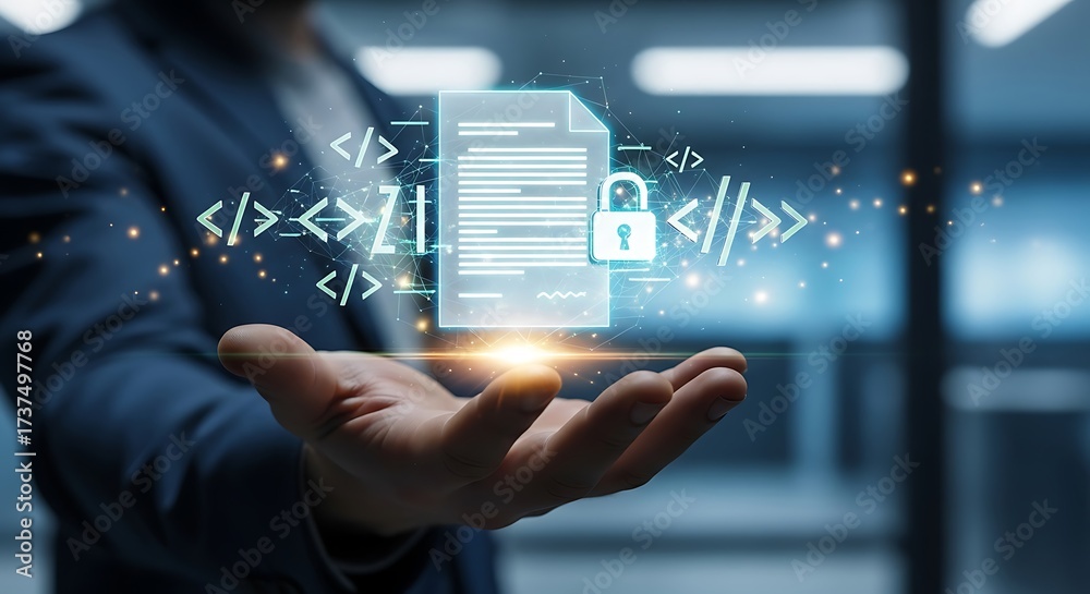 Fototapeta premium The businessman shows a document with a lock as a symbol of data protection and security concept of information security, privacy and confidentiality of data
