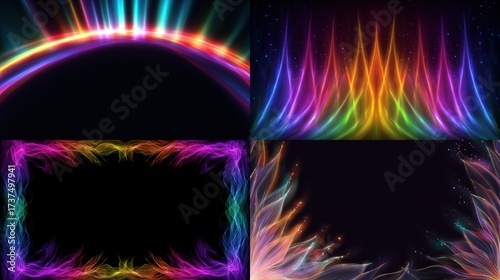 Four abstract compositions curved arcs, vertical flame-like forms, a rectangular frame, and floral-inspired patterns