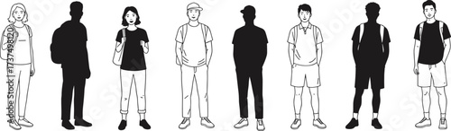 Diverse group of students standing in line, backpacks on, casual outfits, modern youth fashion, university lifestyle, multicultural teens illustrationation