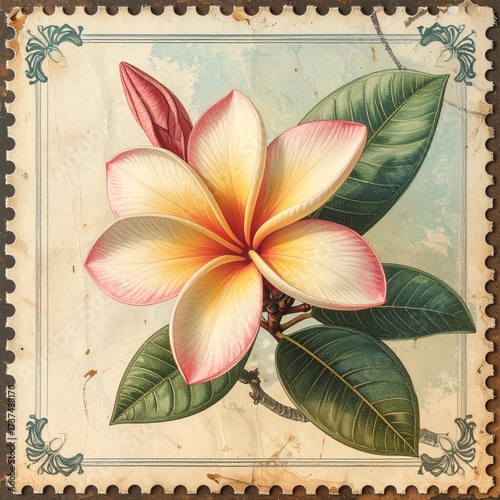 Vintage postage stamp of a frangipani flower