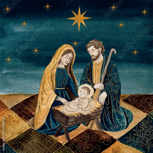 Vector freehand Christmas scene is an artistic watercolor depiction of the Nativity of Christ, including Mary, Joseph, baby Jesus with golden elements. Hand drawn watercolour catholic gold card	
