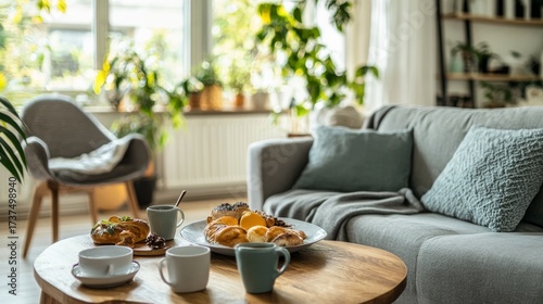 Wallpaper Mural 72.Interior of light living room with grey sofa, armchair, and wooden coffee table Torontodigital.ca
