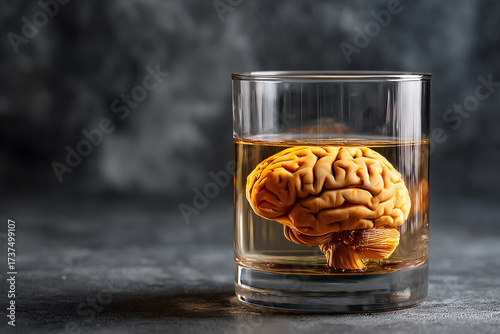 Impact of Alcohol, Human Anatomical Brain Sinked in a Glass of Liquor
