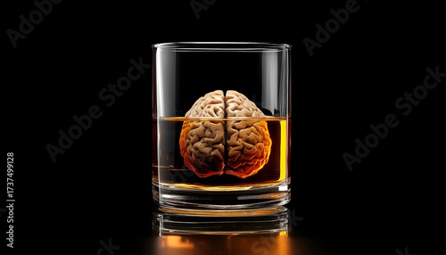 Impact of Alcohol, Human Brain Submerged in a Glass of Liquor