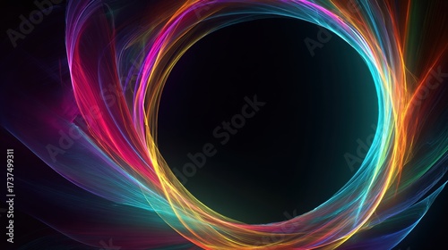 Abstract swirling colorful energy frames a dark central void, showcasing vibrant light and motion