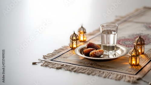 Traditional ramadan iftar meal setup with dates water and lanterns