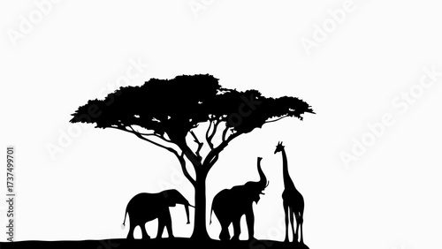 Elegant silhouette of African wildlife under acacia tree, elephants and giraffe in savanna scene