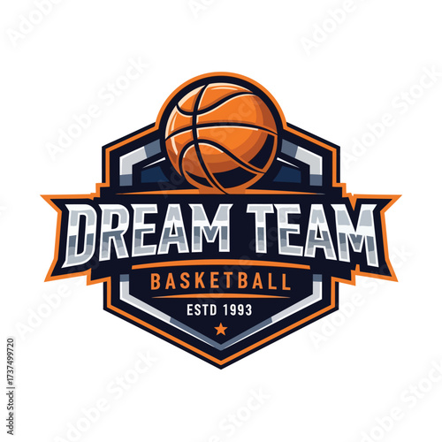 Vector art of dream team basketball logo featuring a basketball above the text and a shield shape with established year 1993